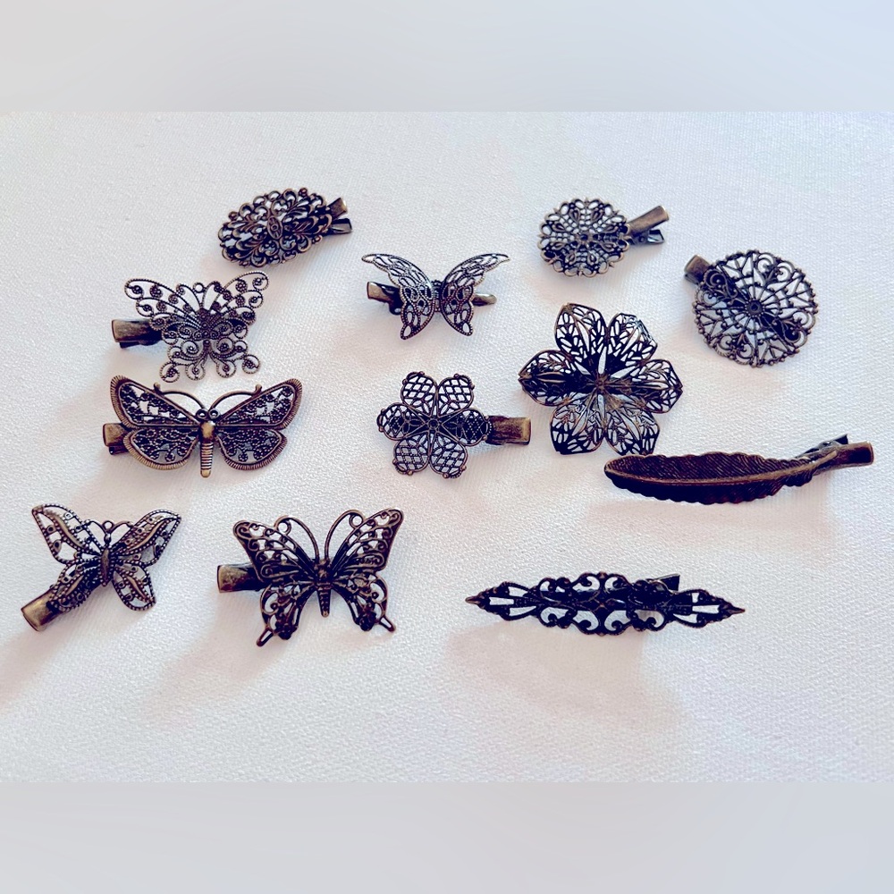 Hair Clips Butterfly Flower Feather Hair Barrettes 12 Piece Set Bronze Tone New - Picture 4 of 16